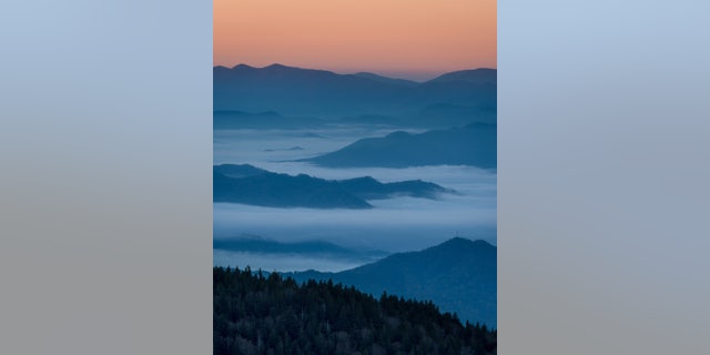 An image of the sunrise in Great Smoky Mountains National Park in Tennessee.