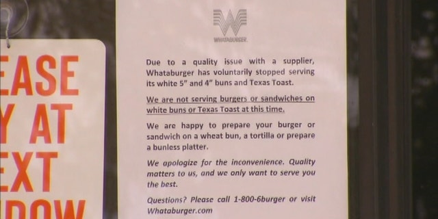 Whataburger restaurants, like this one in the Dallas-Fort Worth area, posted signs notifying customers of the bun issue.
