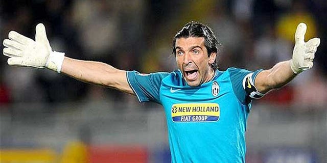 Goalkeeper, Gianluigi Buffon, reacts at the Italian Serie A soccer match between Juventus and Livorno, at the Olympic Stadium in Turin, Italy, Saturday, Sept. 19, 2009.