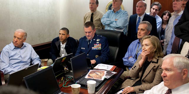 May 1, 2011: Secretary of State Hillary Rodham Clinton, President Barack Obama and Vice President Joe Biden, along with with members of the national security team, receive an update on the mission against Usama bin Laden in the Situation Room of the White House.