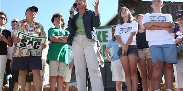 Meg Whitman, a candidate for the Republican nomination for governor, speaks at a campaign stop on the final weekend before the Tuesday primary, in Elk Grove, Calif., June 6. (AP Photo)