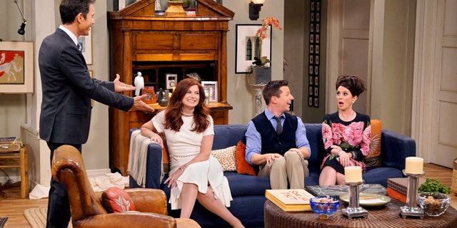 This image released by NBC shows, from left, Eric McCormack, Debra Messing, Sean Hayes and Megan Mullally in "Will & Grace," premiering Sept.
28, on NBC. (Chris Haston/NBC via AP)