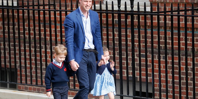 Britain's Prince William arrives with Prince George and Princess Charlotte back to the Lindo wing at St Mary's Hospital in London London, Monday, April 23, 2018.