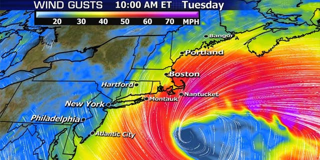 The expected winds from a nor'easter impacting the Northeast on Tuesday.