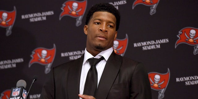 FILE - In this Sunday, Nov. 27, 2016 file photo, Tampa Bay Buccaneers quarterback Jameis Winston (3) speaks to the media following a win over the Seattle Seahawks in an NFL football game, in Tampa, Fla.