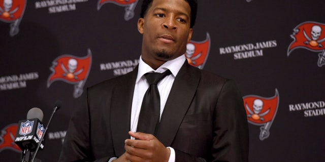 FILE - In this Sunday, Nov. 27, 2016 file photo, Tampa Bay Buccaneers quarterback Jameis Winston (3) speaks to the media following a win over the Seattle Seahawks in an NFL football game, in Tampa, Fla.