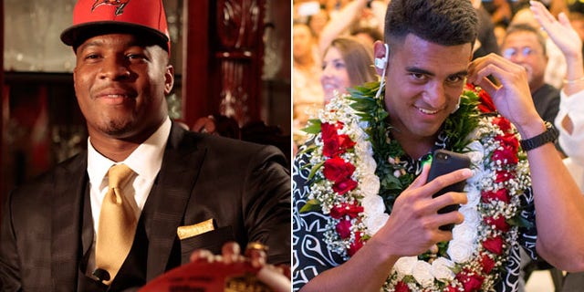 This split shows Jameis Winston posing with a Tamp Bay Buccaneers cap and NFL football, left, and former Oregon quarterback Marcus Mariota, right. (AP)