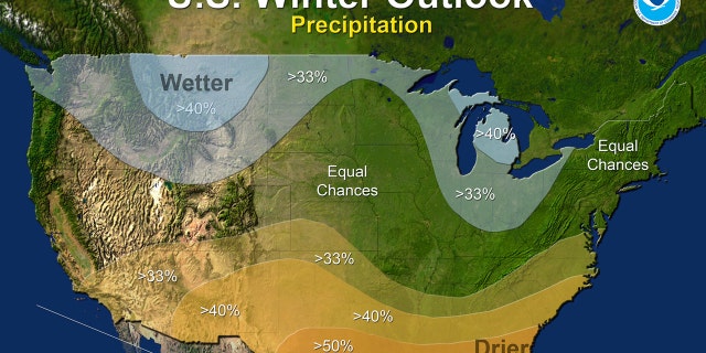 This map provided by NOAA shows the winter precipitation outlook for the U.S. Federal forecasters say thanks to a nascent La Nina it is likely to be warmer and drier than normal down south, colder and wetter up north and in the middle its hard to say whats going to happen.