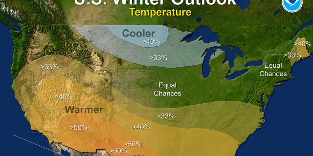 This map provided by NOAA shows the winter temperature outlook for the U.S. Federal forecasters say thanks to a nascent La Nina it is likely to be warmer and drier than normal down south, colder and wetter up north and in the middle its hard to say whats going to happen.
