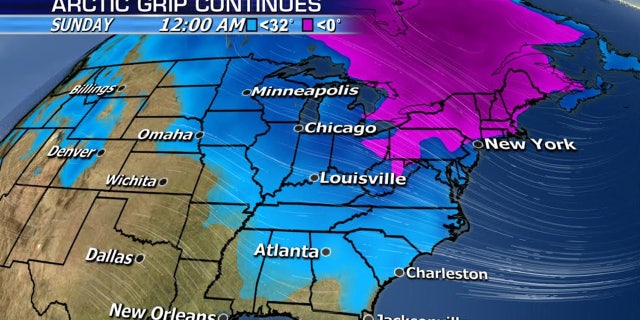 A forecast map showing temperatures expected by midnight on Sunday across the country.