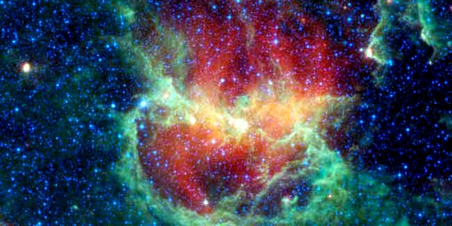 NASA's WISE telescope took this infrared image of a star-forming cloud called the Lambda Centauri Nebula, also known as the Running Chicken Nebula. The nebula is about 5,800 light-years from Earth, and it's home to a new cluster of stars born nearly 8 million years ago.