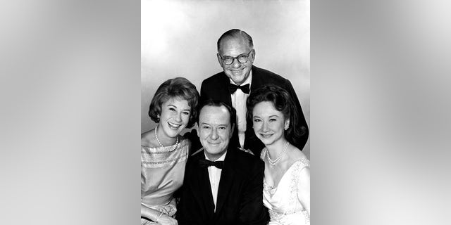 Dorothy Kilgallen, right, with "What's My Line?" panelists Arlene Francis and Bennett Cerf (top), and moderator John Daly.