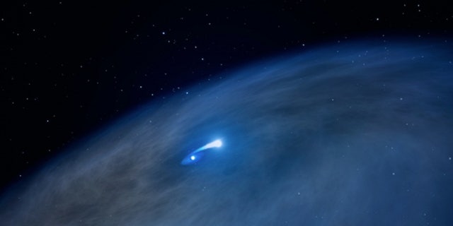 An artist's conception depicts an immense disk of gas surrounding a massive, bright Wolf-Rayet star (at center).