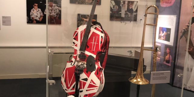 The 'Van Halen' cello sits on display at the New Orleans Jazz Museum. The instrument was loaned to the museum by locally based jazz cellist Helen Gillet.