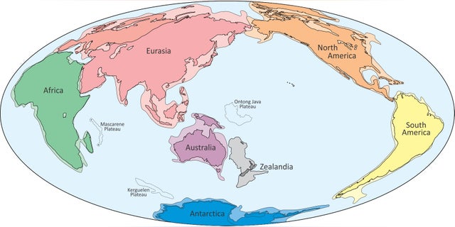 A proposed world map showing the eighth continent Zealandia. Though most of this continent is submerged beneath the ocean, scientists say it has all the geologic hallmarks of a separate continent.