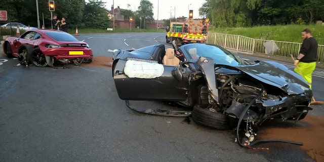 Thousands of pounds worth of damage has been done after two 'supercars' collided on a Sheffield roundabout. The incident took place on the Tinsley roundabout in Sheffield at about 8pm Sunday evening. RPYCRASH - A £300,000 wreckage of two super cars following a Fast and Furious-esque collision between a Porsche and a Ferrari left one covered in CURRY