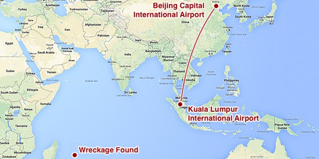 This map shows the intended route of MH370 and the area that plane debris was found in September 2018. MH370 was less than an hour into its flight from Kuala Lumpur to Beijing when it disappeared from radar. Investigators believe it veered off course and went missing somewhere in the southern Indian Ocean.