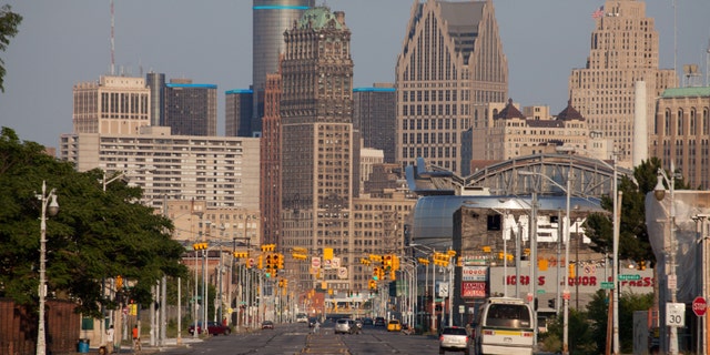 Skyline of downtown Detroit, Michigan looking down Grand River Avenue.