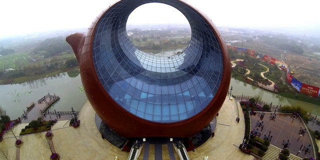 March 4, 2014: An aerial view of a building shaped like a clay teapot is seen in Wuxi, Jiangsu province.