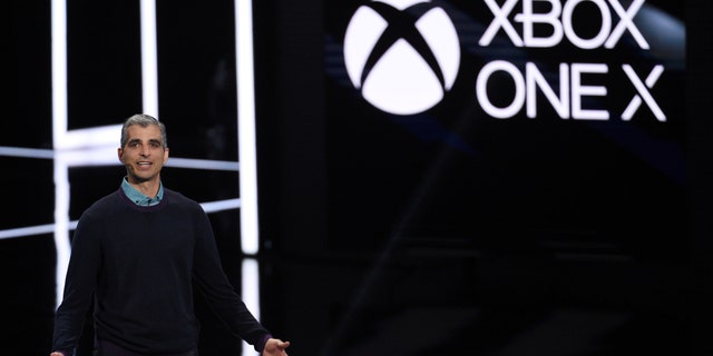Kareem Choudhry, Xbox Vice President, introduces the Xbox One X gaming console during the Xbox E3 2017 media briefing in Los Angeles, California, U.S., June 11, 2017. (REUTERS/Kevork Djansezian)