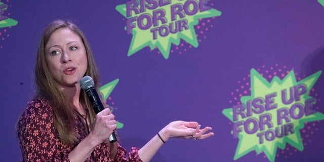 Chelsea Clinton speaks during the Rise Up For Roe national tour, Saturday, Aug. 11, 2018, in New York. (AP Photo/Mary Altaffer)