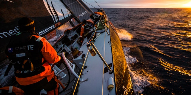 AT SEA - NOVEMBER 4: Onboard Team Alvimedica. Day 24. With just 650 miles to Cape Town, the sailing slows considerably as a high-pressure system moves in from the west. The first sunrise onboard Alvimedica in a week. Leg 1 between Alicante, Spain and Cape Town, South Africa. The Volvo Ocean Race 2014-15 is the 12th running of this ocean marathon. Starting from Alicante in Spain on October 11, 2014, the route, spanning some 39,379 nautical miles, visits 11 ports in 11 countries (Spain, South Africa, United Arab Emirates, China, New Zealand, Brazil, United States, Portugal, France, the Netherlands and Sweden) over nine months. The Volvo Ocean Race is the world's premier ocean race for professional racing crews. (Photo by Amory Ross/Team Alvimedica/Volvo Ocean Race via Getty Images)