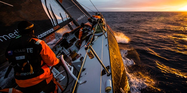 AT SEA - NOVEMBER 4: Onboard Team Alvimedica. Day 24. With just 650 miles to Cape Town, the sailing slows considerably as a high-pressure system moves in from the west. The first sunrise onboard Alvimedica in a week. Leg 1 between Alicante, Spain and Cape Town, South Africa. The Volvo Ocean Race 2014-15 is the 12th running of this ocean marathon. Starting from Alicante in Spain on October 11, 2014, the route, spanning some 39,379 nautical miles, visits 11 ports in 11 countries (Spain, South Africa, United Arab Emirates, China, New Zealand, Brazil, United States, Portugal, France, the Netherlands and Sweden) over nine months. The Volvo Ocean Race is the world's premier ocean race for professional racing crews. (Photo by Amory Ross/Team Alvimedica/Volvo Ocean Race via Getty Images)