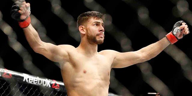 Yair Rodriguez celebrates after defeating Andre Fili during a featherweight mixed martial arts bout at UFC 197, Saturday, April 23, 2016, in Las Vegas. (AP Photo/John Locher)