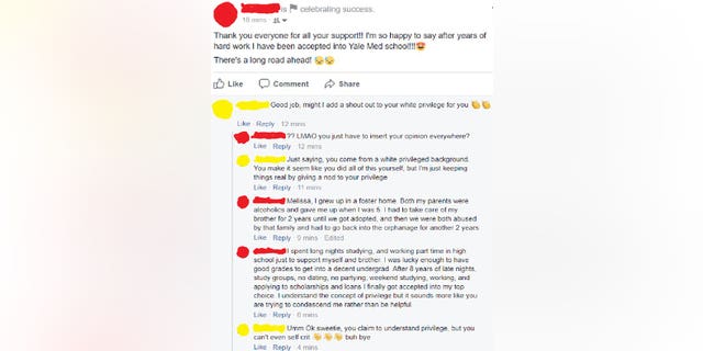 Facebook user "Melissa" told the Yale University admit that she was accepted into the prestigious school because of her "white privilege."