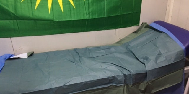 A view of one of the beds before the Yazidi clinic was destroyed by Turkey.