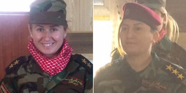 Khider, (r.), leads more than 100 Yazidi women, many of who escaped sexual slavery. On left is one of her fighters.