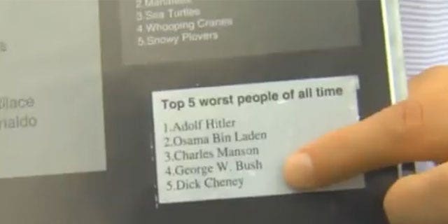 A middle school yearbook groups George W. Bush and Dick Cheney with Adolph Hitler and Usama bin Laden as among the five worst people of all time. (Fox 16)