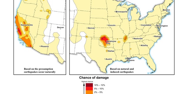 USGS forecast for damage from natural and induced earthquakes in 2016