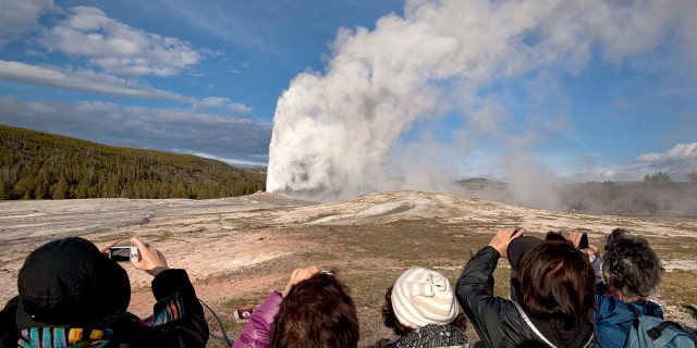 In this May 21, 2011, file photo, tourists photograph Old Faithful erupting on schedule late in the afternoon in Yellowstone National Park, Wyo.
