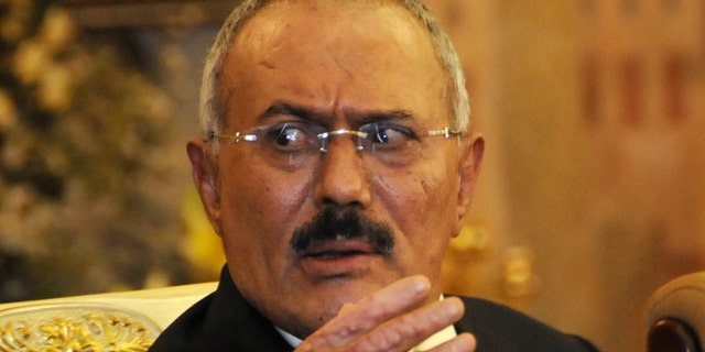Dec. 24, 2011: Yemen's President Ali Abdullah Saleh speaks to reporters during a news conference at the Presidential Palace in Sanaa, Yemen.