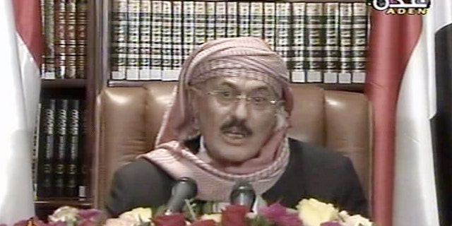 Sep. 25, 2011: In this image made from video, Yemen's President Ali Abdullah Saleh speaks on Yemen State Television. Embattled Yemeni president says he endorses U.S. backed power-transfer deal however he remained defiant in the face of thousands of Yemenis staging daily mass protests over the past eight months to press him to step down.