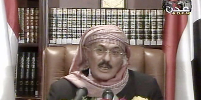 Sep. 25, 2011: In this image made from video, Yemen's President Ali Abdullah Saleh speaks on Yemen State Television. Embattled Yemeni president says he endorses U.S. backed power-transfer deal however he remained defiant in the face of thousands of Yemenis staging daily mass protests over the past eight months to press him to step down.