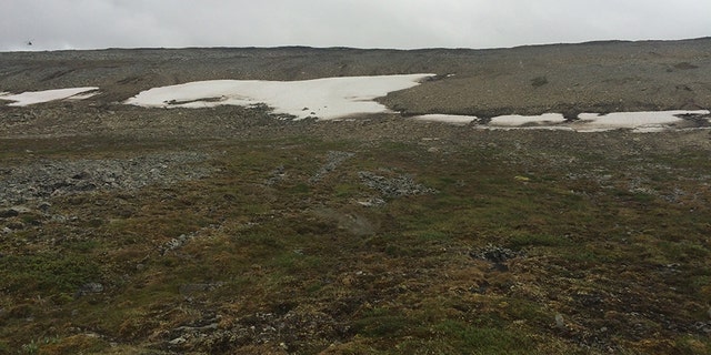 The ice patch where the arrow was discovered, known locally as "Deuces Wild," seen from the helicopter. (Government of Yukon photo)