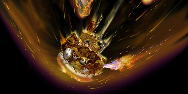 This artist's impression of the reentring Phobos-Grunt probe shows the ruptured fuel tanks ablaze as it tumbles through the atmosphere.
