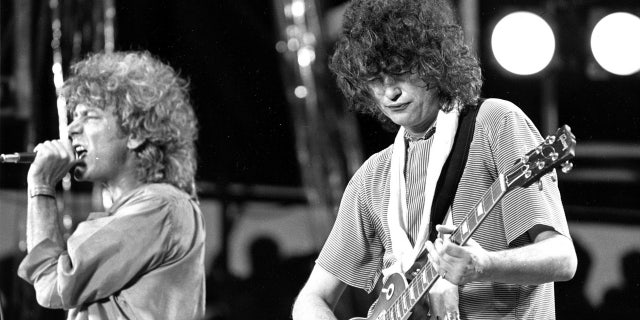 July 13, 1985: Singer Robert Plant, left, and guitarist Jimmy Page of the British rock band Led Zeppelin perform at the Live Aid concert at Philadelphia's J.F.K. Stadium.