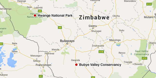 A map of Zimbabwe showing the location of the Hwange National Park where Cecil was shot and the Bubye Valley Conservancy.
