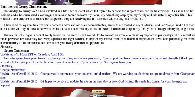 A screengrab from TheRealGeorgeZimmerman.com, which was shut down yesterday while Zimmerman's defense attorney takes control of raising funds for his legal costs.