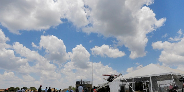 Rwanda's government officials inspect the drone site before launch at drone operations center in Muhang, south of Rwanda's capital, where Zipline delivered their first blood to patients using a drone on Oct. 12, 2016.
