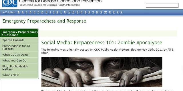 A screenshot of the website for the Centers for Disease Control, which were swamped by a massive wave of traffic following the tongue-in-cheek warning of an impending "zombie apocalypse."