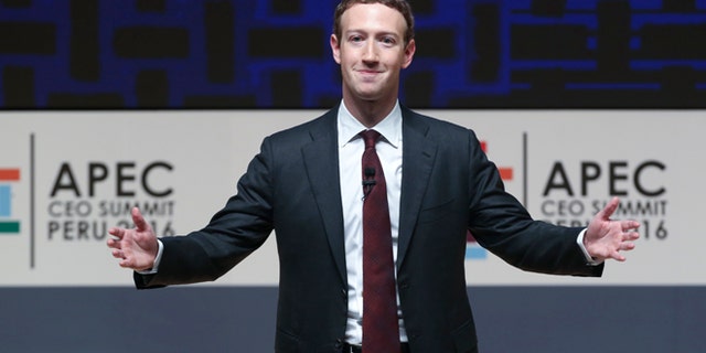 FILE -- In this Nov. 19, 2016, file photo, Mark Zuckerberg, chairman and CEO of Facebook, speaks at the CEO summit during the annual Asia Pacific Economic Cooperation (APEC) forum in Lima, Peru.