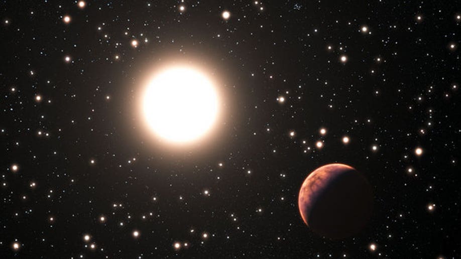 Artist's impression of an exoplanet orbiting a star in the cluster Messier 67
