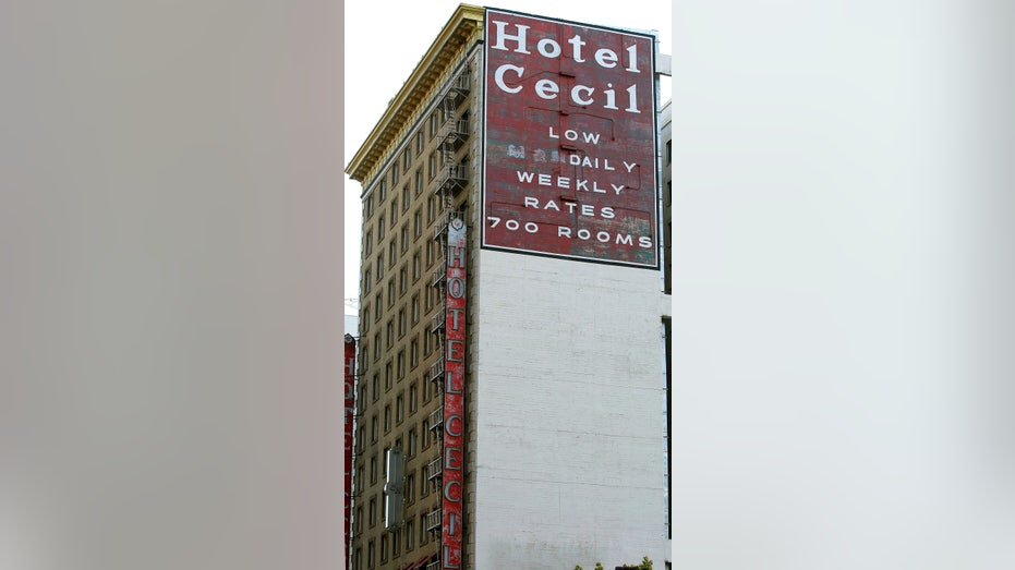FILE - Hotel Cecil in Los Angeles is seen in a Wednesday Feb. 20, 2013 file photo. Police say the body of a missing Canadian woman was found Tuesday at the bottom of one of four cisterns on the roof of the hotel. The tanks provide water for hotel taps and would have been used by guests for washing and drinking. Los Angeles County Department of Public Health officials were expected to release the results of tests on the water on Thursday, Feb. 21. Investigators used body markings to identify 21-year-old Elisa Lam, police spokeswoman Officer Diana Figueroa said late Tuesday. (AP Photo/Nick Ut, File)