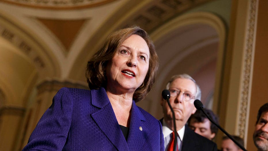FILE - In this April 8, 2014, file photo, Sen. Deb Fischer, R-Neb., accompanied by Senate Minority Leader Mitch McConnell of Ky., talks during a news conference on Capitol Hill in Washington. Nebraska voters on Tuesday, May 15, 2018, will pick U.S. Senate nominees for both parties out of crowded fields of candidates who hope to claim the seat held by incumbent Fischer. (AP Photo/J. Scott Applewhite, File)