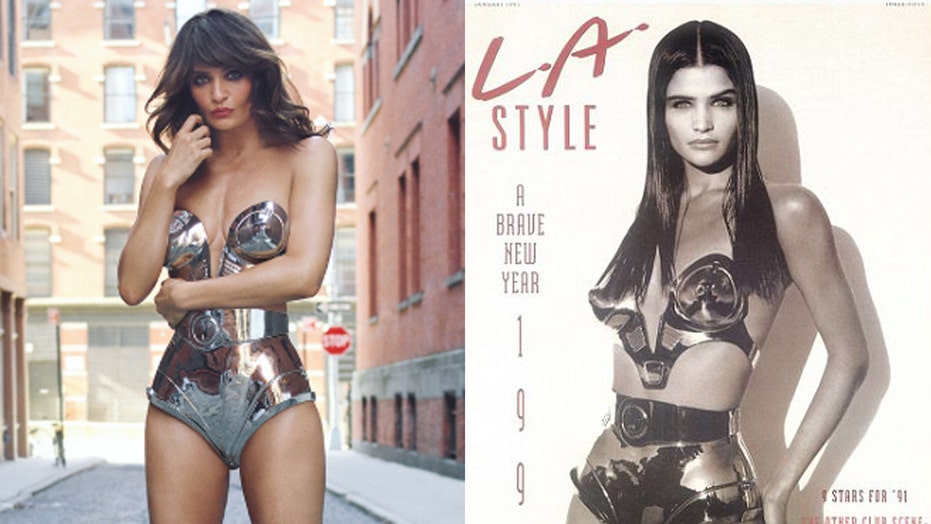 Supermodel Helena Christensen poses in the same metal bikini