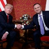 President Donald Trump and Polish President Andrzej Duda shake hands at the Royal Castle, Thursday, July 6, 2017, in Warsaw
